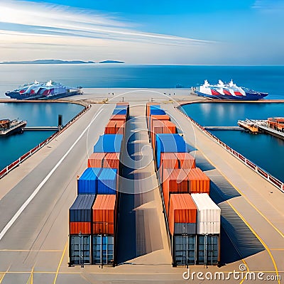 Sea port aerial view. Containers on transport ship. Stock Photo