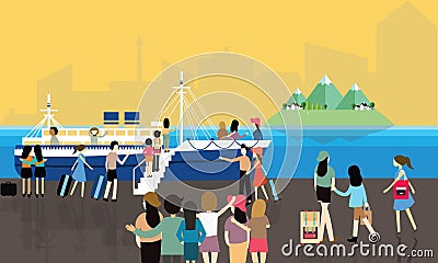 Sea port busy activities people passenger entering the boat to cruise travel Vector Illustration