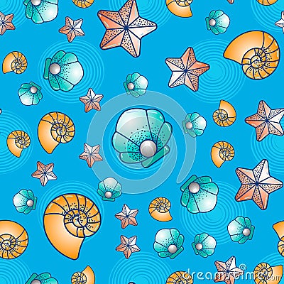 Sea print. Sea inhabitants sea scallop, starfish and seashell seamless pattern Stock Photo