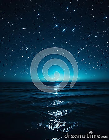 The sea reflects the light of the stars at night. Stock Photo
