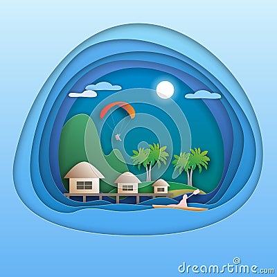 Sea resort with bungalows, island with palm trees, mountain, paraglider, kayak rower. Tourist card illustration in paper cut style Vector Illustration