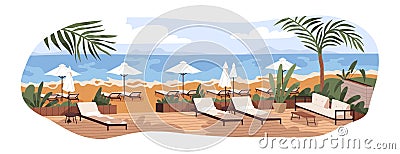 Sea resort, luxury beach landscape. Summer paradise with sunbeds, umbrellas, wood terrace at ocean coast. Chaise lounges Cartoon Illustration