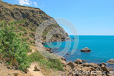 Sea and rocks landscape at Cape Meganom, the east coast of the peninsula of Crimea. Colorful background. Travelling concept. Copy Stock Photo