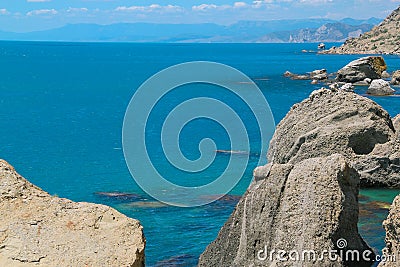 Sea and rocks landscape at Cape Meganom, the east coast of the peninsula of Crimea. Colorful background. Travelling concept. Copy Stock Photo