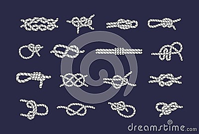 Sea rope knots and loops set. Marine rope and sailors ship knot, cord sailor borders, knot sail, package rope, looped string, Vector Illustration