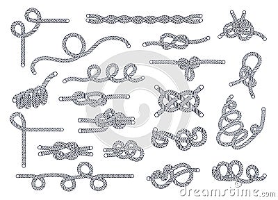 Sea rope knots and loops set. Marine rope and sailors ship knot, cord sailor borders, knot sail, package rope, looped string Vector Illustration