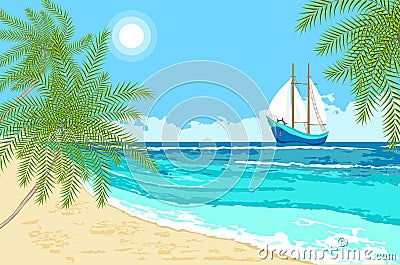 Sea with sailboat and palms branches Vector Illustration