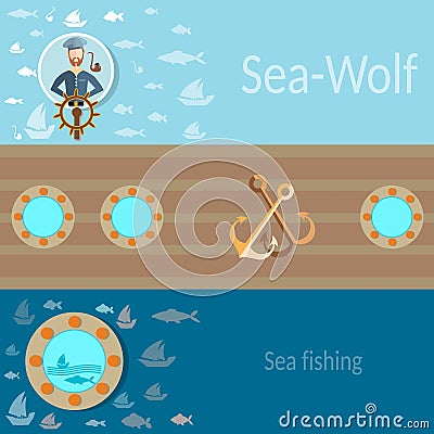 Sea and sailing, sailor, ship, fishing, anchor, vector banners Vector Illustration