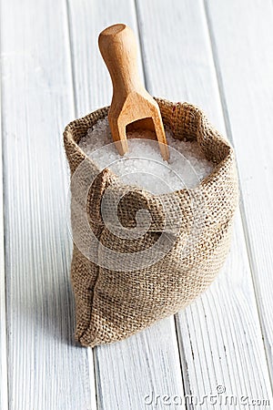 Sea salt in jute sack Stock Photo