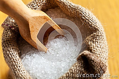 Sea salt in jute sack Stock Photo