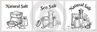 Sea salt labels. Natural and organic salting crystals for bath. Cooking poster with seasoning. Vintage spice or salt Vector Illustration