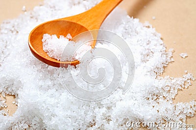 Sea salt, health, wooden spoon, seasoning, saltiness Stock Photo