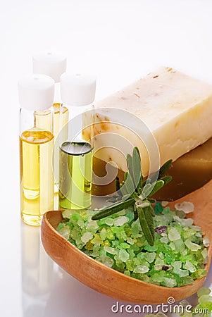 Sea salt and organic oil Stock Photo