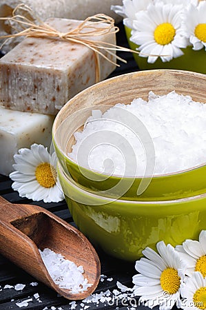 Sea salt, soap and daisies Stock Photo