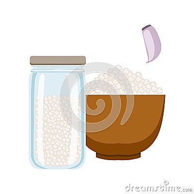 Sea salt in a wooden bowl and glass jar. Colorful cartoon illustration Vector Illustration
