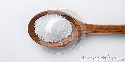 Sea Salt In Wooden Spoon On Light Background. Food Ingredient. Top View Of Pile White Mineral Crystal For Cooking. AI generated Stock Photo