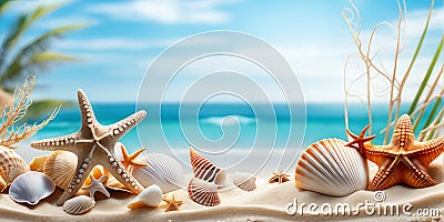 Sea sand beach with seashells starfish suncare mockup templat.generative ai. Stock Photo