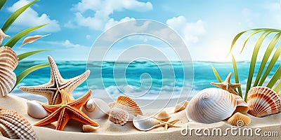 Sea sand beach with seashells starfish suncare mockup templat.generative ai. Stock Photo