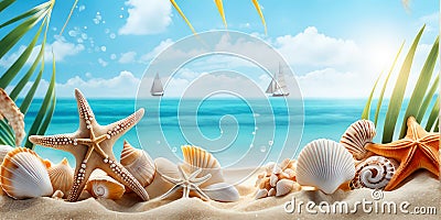 Sea sand beach with seashells starfish suncare mockup templat.generative ai. Stock Photo