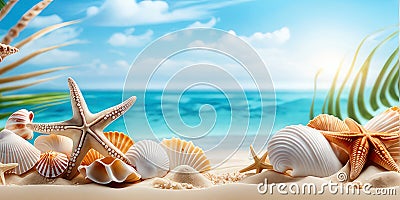 Sea sand beach with seashells starfish suncare mockup templat.generative ai. Stock Photo