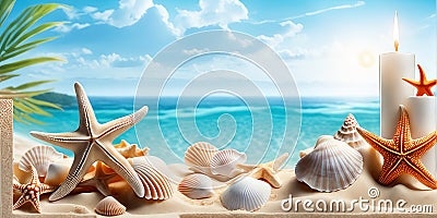 Sea sand beach with seashells starfish suncare mockup templat.generative ai. Stock Photo