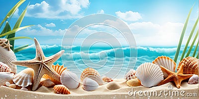 Sea sand beach with seashells starfish suncare mockup templat.generative ai. Stock Photo