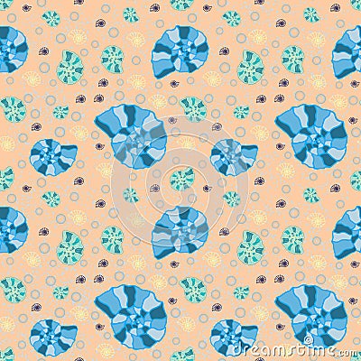 Sea seamless pattern with blue, yellow seashells and bubble on pink speckled background. Cartoon Illustration