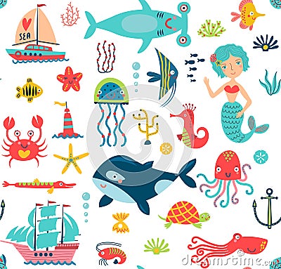 Sea seamless pattern Vector Illustration