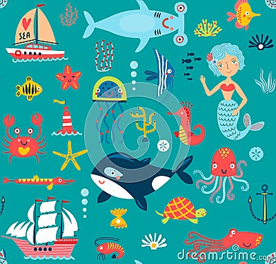 Sea seamless pattern Vector Illustration