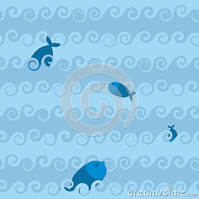 Sea seamless pattern. Fish in waves. Texture of marine life. Vector Illustration