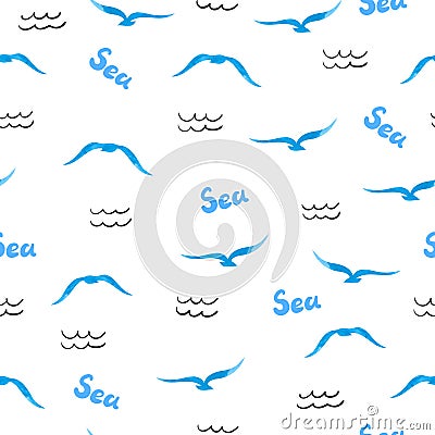 Sea seamless pattern. Watercolor seagulls silhouettes Vector Illustration