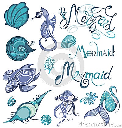 Sea set - little mermaid, fishes, sea animals and starfish, vector collection. Vector Illustration