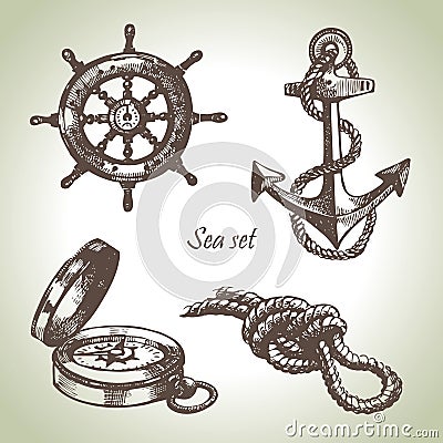 Sea set of nautical design elements Vector Illustration