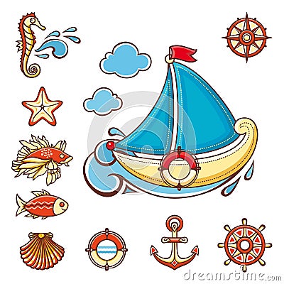 Sea set. Sea and nautical decorations. Vector Illustration