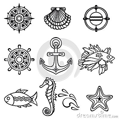 Sea set. Sea and nautical decorations. Vector Illustration