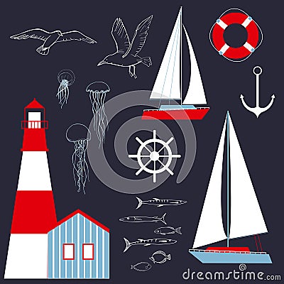 Sea set with yacht and lighthouse. Vector illustration Vector Illustration