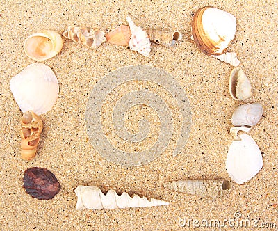 Sea Shell frame on sand Stock Photo