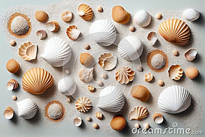 Sea Shell Texture Background, Colorful Seashell Pattern, Sea Shells on Sand, Abstract Generative AI Illustration Stock Photo