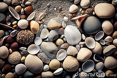 Sea shells beach background. Shell texture background. Pebble sea beach close-up. Generative AI Stock Photo