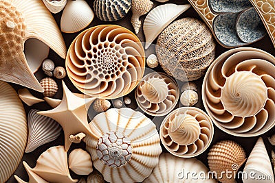 Sea shells beach background. Shell texture background. Pebble sea beach close-up. Generative AI Stock Photo