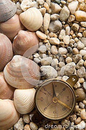 Sea Shells, compass and the stones closeup Stock Photo