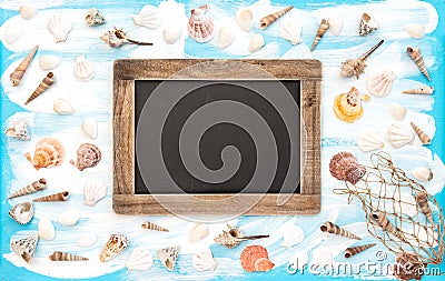 Sea shells empty blackboard blue watercolor background Stock Photo