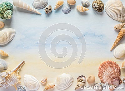 Sea shells frame on a pastel watercolor sea background Stock Photo