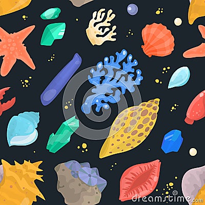 Sea shells marine cartoon clam-shell and ocean starfish coralline vector illustration seamless pattern background Vector Illustration