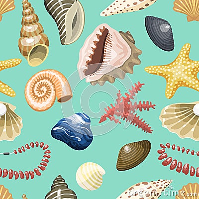 Sea shells marine cartoon clam-shell and ocean starfish vector illustration coral coralline seamless pattern background Vector Illustration