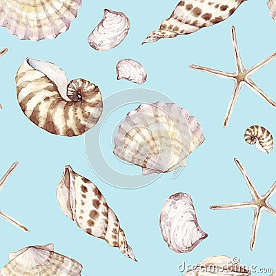 Sea shells, seamless pattern, marine background. Watercolor tropical beach design. Repeat fabric wallpaper print texture. Perfectl Stock Photo