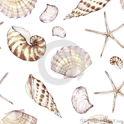 Sea shells, seamless pattern, marine background. Stock Photo