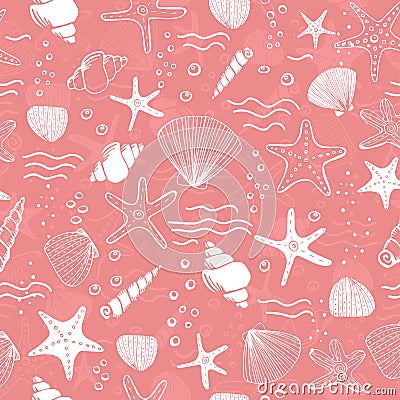 Sea shells, seastars and corals seamless background Stock Photo