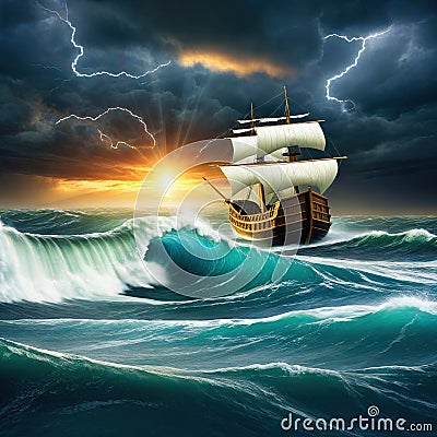 sea ship storm faith animal christianity religious story Cartoon Illustration