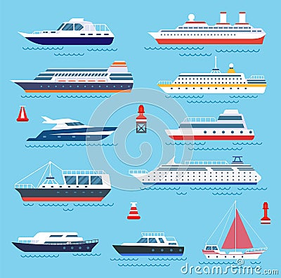 Sea ship. Vessel shipping, speedboating and yacht. Travelling or transportation, cruise and modern vessels. Water Vector Illustration